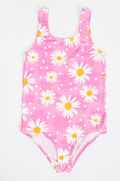 FırsatYeri Kız Çocuk Mayo Pembe Beyaz Papatya Desenli Rahat Hızlı Kuruyan Mayo Deniz Havuz Plaj Mayosu