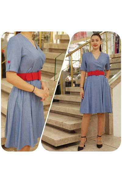 Plenty "V-Neck Linen Dress with Belt Detail Stylish and Comfortable Design"