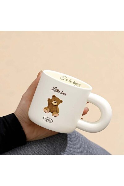 PUFO Happy Bear ceramic mug with lid and spoon for coffee or tea, 350 ml, white