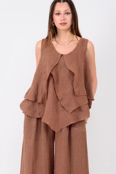 AYASOFYA OTANTIK Women's Italian Cinnamon Asymmetrical Sleeveless 100% Linen Blouse