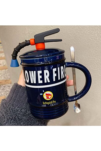 PUFO Stop Fire ceramic mug with lid and spoon for coffee or tea, 400 ml, blue