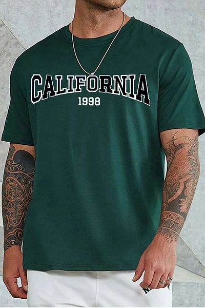 yueswear Unisex CALIFORNIA 1998 Πράσινο μπλουζάκι με εμπριμέ χαλαρή εφαρμογή