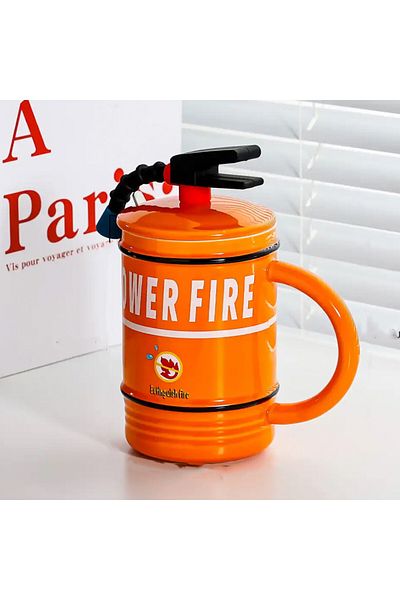 PUFO Stop Fire Ceramic Mug With Lid And Spoon For Coffee Or Tea, 400 Ml, Orange