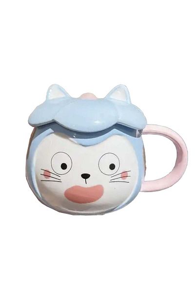 PUFO Cană ceramică Crazy Cat cu capac pentru cafea sau ceai, 300 ml, albastră
