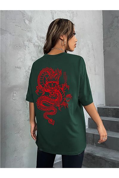 memowear Unisex Red Dragon Printed Relaxed Cut Green T-Shirt
