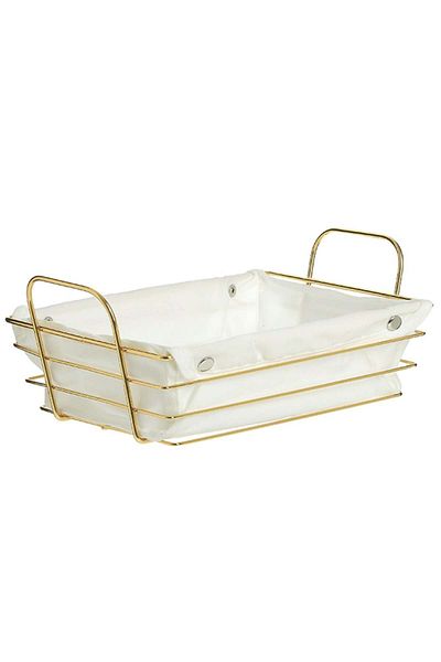 PUFO Rectangular metal basket kitchen for serving bread, with removable textile cover, 26 x 19 cm, gold