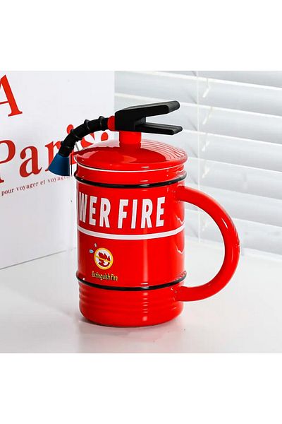 PUFO Cană ceramică Stop Fire cu capac și linguriță pentru cafea sau ceai, 400 ml, roșie