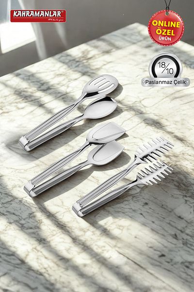 Kahramanlar Demre 3-Piece Platinum Steel Grilled Salad Crepe Tongs Set