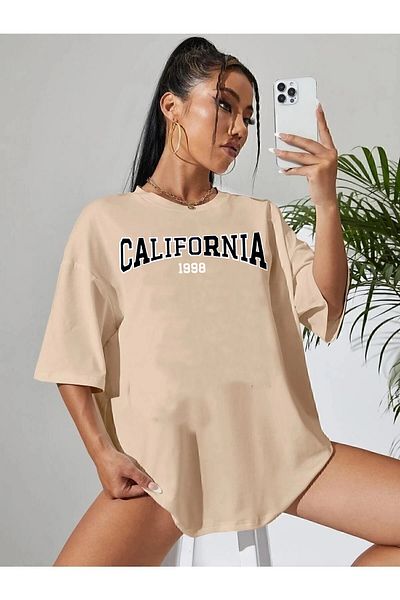 yueswear Μπλουζάκι Unisex CALIFORNIA 1998 με εμπριμέ χαλαρή εφαρμογή μπεζ