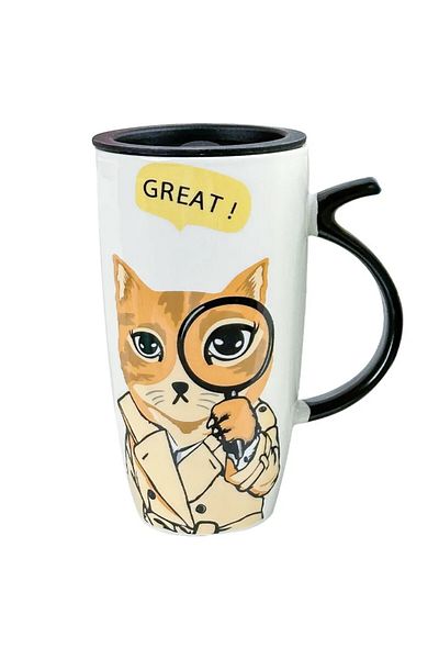 PUFO Cană înaltă din ceramică Detective cu capac, pentru cafea sau ceai, 450 ml