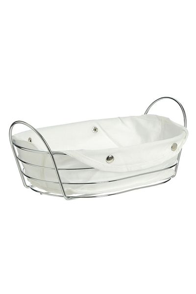 PUFO Oval metal kitchen basket for serving bread, with removable textile cover, 27 x 20 cm, silver