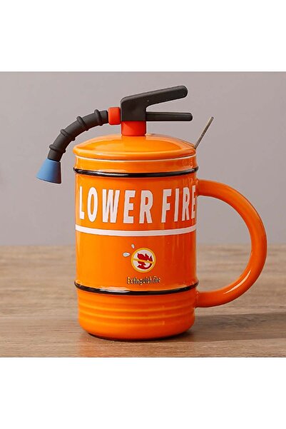 PUFO Stop Fire ceramic mug with lid and spoon for coffee or tea, 400 ml, orange