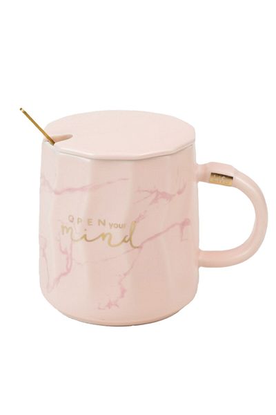PUFO Cană ceramică Mind & Life cu capac și linguriță pentru cafea sau ceai, 350 ml, roz