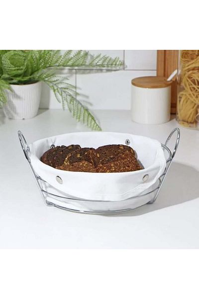 PUFO Oval metal kitchen basket for serving bread, with removable textile cover, 27 x 20 cm, silver