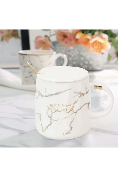 PUFO Cană ceramică Mind & Life cu capac și linguriță pentru cafea sau ceai, 350 ml, albă