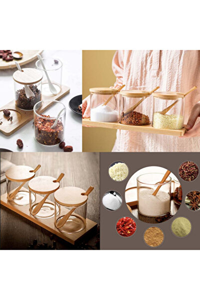 PUFO Set of 3 Pufo Sole containers for sugar, coffee, tea or other spices, with spoon and wooden stand