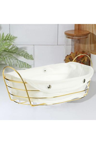 PUFO Oval metal kitchen basket for serving bread, with removable textile cover, 27 x 20 cm, gold