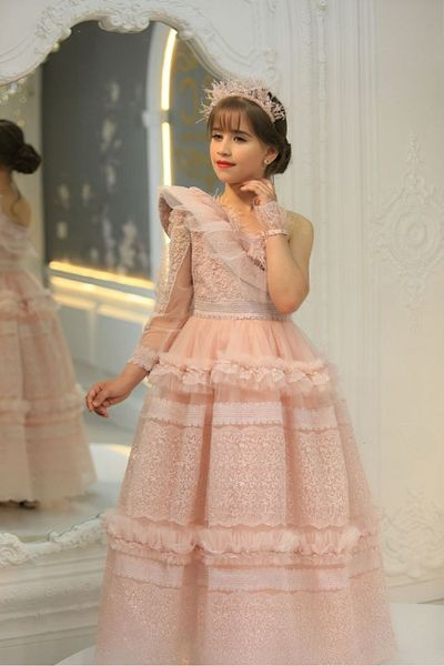 Ribbon kids Gothic Style One Sleeve Lace Children Evening Dress Gown+Tac