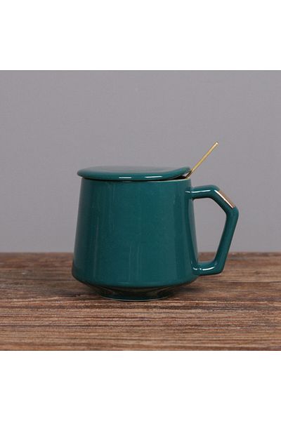 PUFO Ellegance ceramic mug with lid and spoon for coffee or tea, 300 ml, green