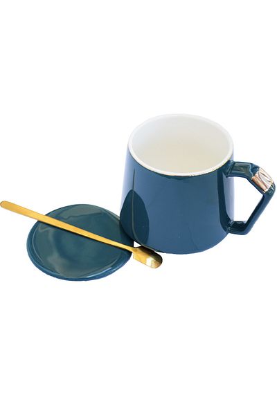 PUFO Ellegance ceramic mug with lid and spoon for coffee or tea, 300 ml, green