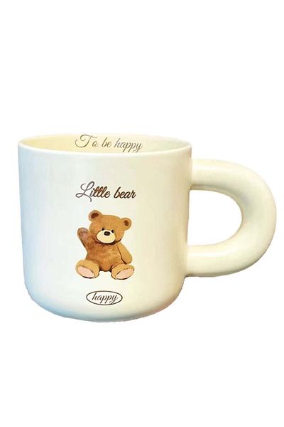PUFO Cană ceramică Happy Bear cu capac și linguriță pentru cafea sau ceai, 350 ml, albă