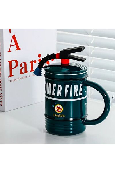 PUFO Stop Fire Ceramic Mug With Lid And Spoon For Coffee Or Tea, 400 Ml, Green
