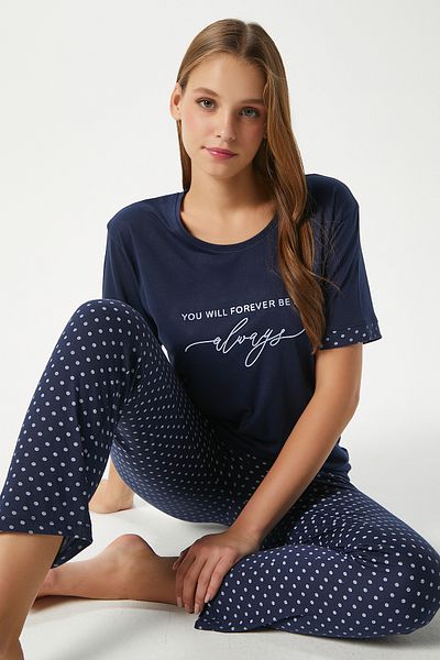 Ritnice طقم بيجامة نسائي من Always Viscose برقبة دائرية وأكمام قصيرة باللون الأزرق الداكن