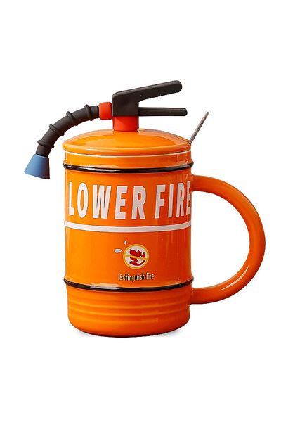 PUFO Stop Fire Ceramic Mug With Lid And Spoon For Coffee Or Tea, 400 Ml, Orange