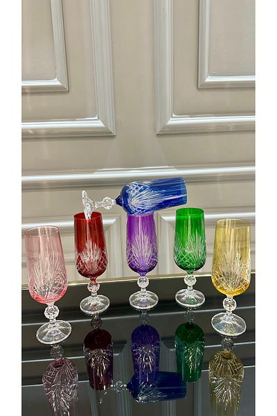 Vakıf home Bohemia Crystal Colorful Handcrafted 180 ml Footed Coffee Side Water Glass