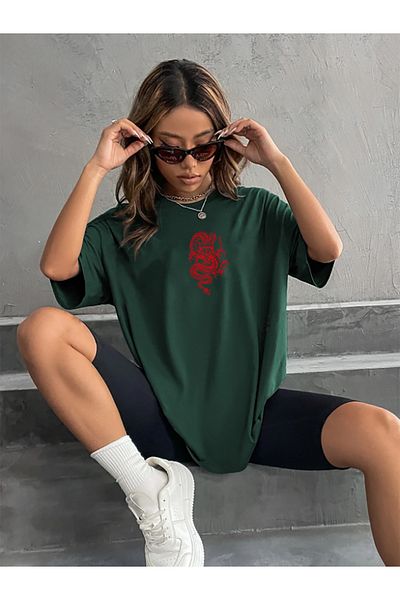 memowear Unisex Red Dragon Printed Relaxed Cut Green T-Shirt