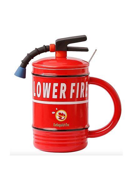 PUFO Cană ceramică Stop Fire cu capac și linguriță pentru cafea sau ceai, 400 ml, roșie