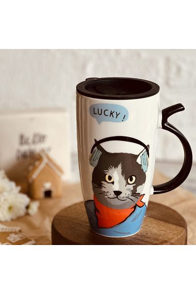 PUFO Cană înaltă din ceramică Music cu capac, pentru cafea sau ceai, 450 ml