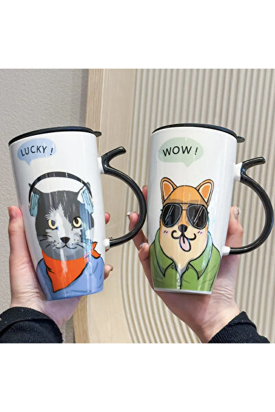 PUFO Music tall ceramic mug with lid, for coffee or tea, 450 ml