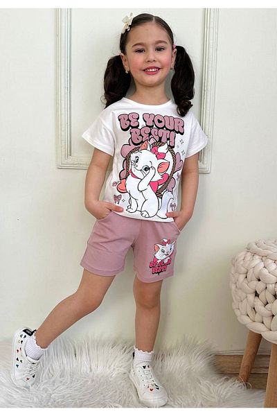 Yağmur Giyim Cute Kitten Patterned Girl's Short Sleeve Suit with Dusty Rose Shorts 7566-Gk
