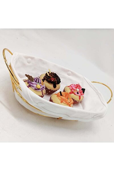 PUFO Oval metal kitchen basket for serving bread, with removable textile cover, 27 x 20 cm, gold
