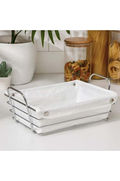 PUFO Rectangular metal kitchen basket for serving bread, with removable textile cover, 26 x 19 cm, silver