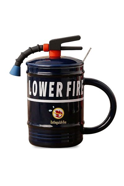PUFO Cană ceramică Stop Fire cu capac și linguriță pentru cafea sau ceai, 400 ml, albastră
