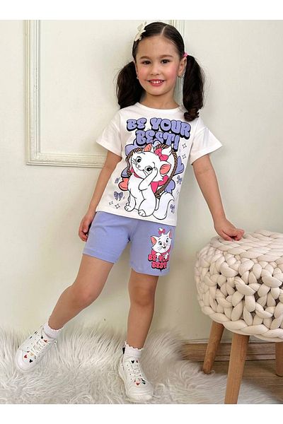 Yağmur Giyim Pjkskt Girls' Short Sleeve Set with Cute Kitten Pattern Lilac Shorts 7566-L