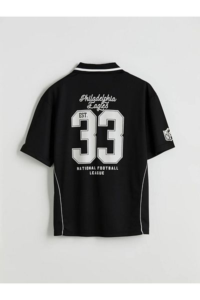 LC Waikiki Xside Black Polo Neck Nfl Printed Men's T-Shirt