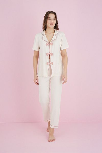 Fulla Moda Bow Collar Shirt Pajama Set