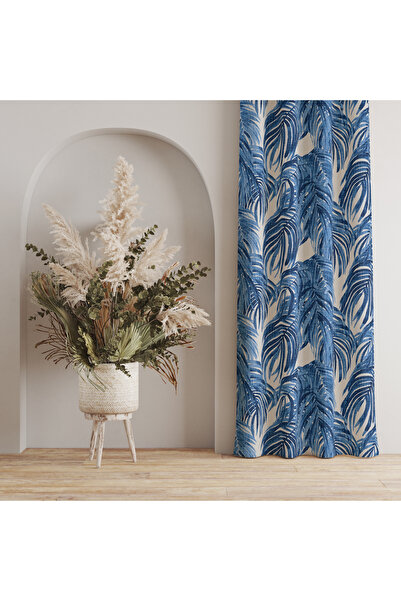 LadiesHome ستارة خلفية بنمط أوراق استوائية باللونين الأزرق والأبيض - ديكور فسيح وأنيق مقاس 140 × 260 سم بجناح واحد