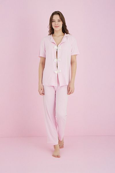 Fulla Moda Bow Collar Shirt Pajama Set