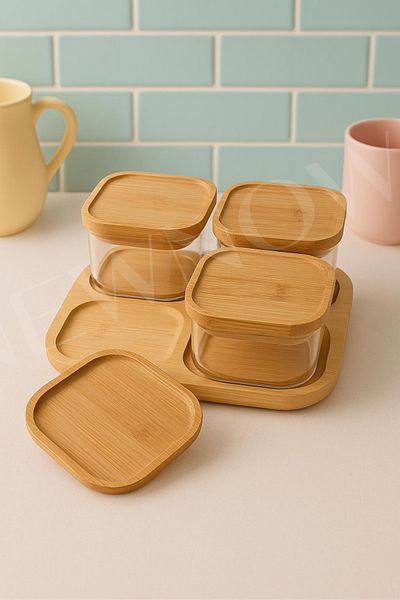 NEWNOW Bamboo Breakfast Set of 4, Borosilicate Glass, Natural Bamboo Tray with Vacuum Lid