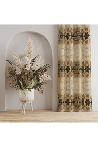 LadiesHome Altın ve Bej Tonlarında Geometrik Desenli Fon Perde – Şık ve Moder...