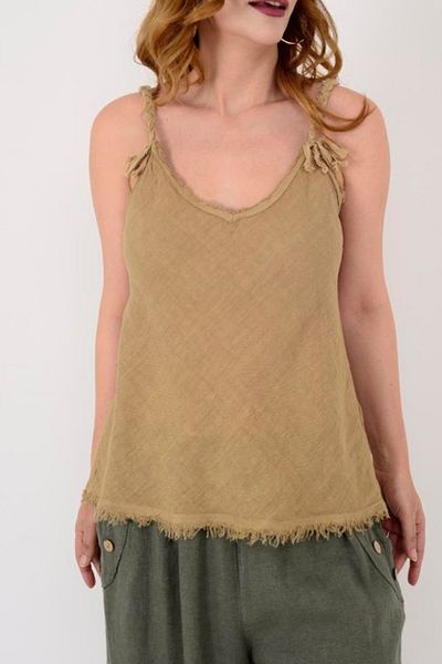 AYASOFYA OTANTIK Women's Italian Cappuciino Fringe Detailed Knitted Rope Strap 100% Linen Blouse