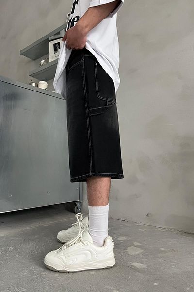 Jr.Crime Contrast Stitching Black Distressed Detail Jean Shorts