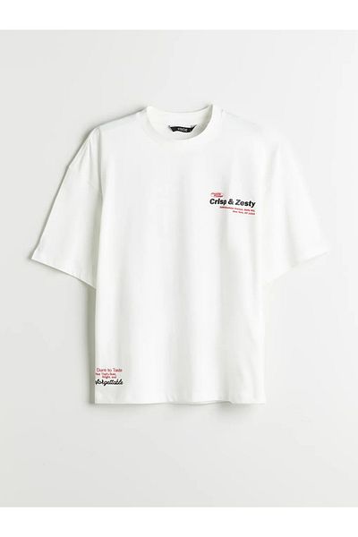 LC Waikiki Xside Ecru Crew Neck Printed Combed Cotton Mens T-Shirt