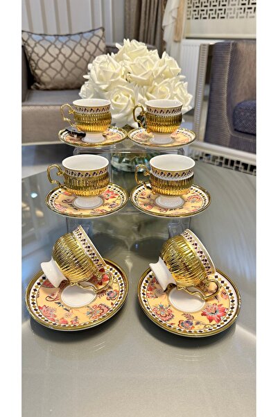 Vakıf home ACAR Porselen Tolede 6 Kişilik 12 Parça Çiçekli Kahve Fincan Takımı Seti 90 ml