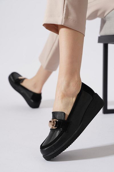 Moda Pie Pantofi de damă cu talpă cu pană cu cataramă Fifert, negri