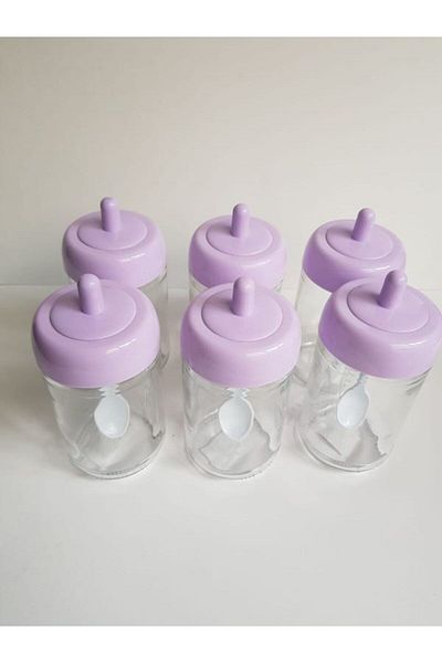 abenim 6 Pieces Lilac Spice Jar Set with Spoon - 330 ml - Glass Jar